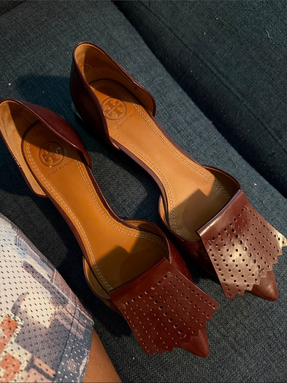 Tory Burch Chestnut Leather Pointed D'Orsay Flats with Kiltie Fringe